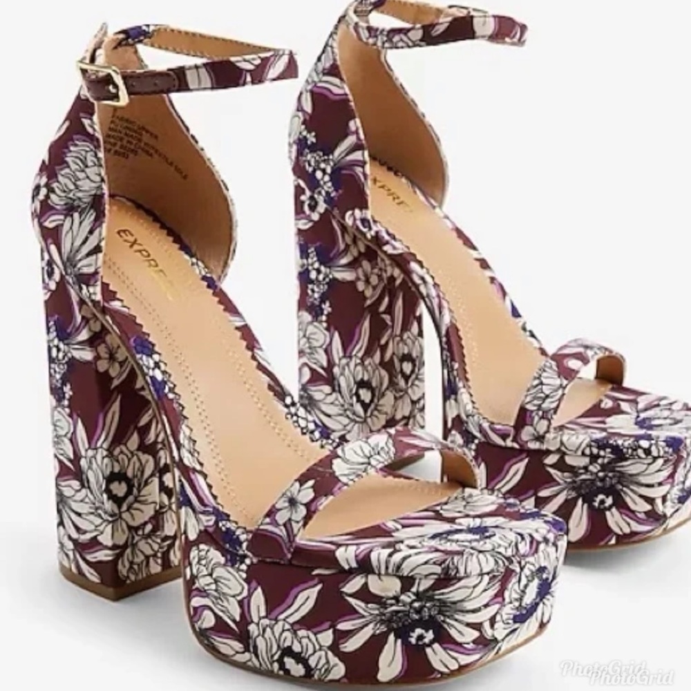 Express platform square toe floral sandal block heel size 10